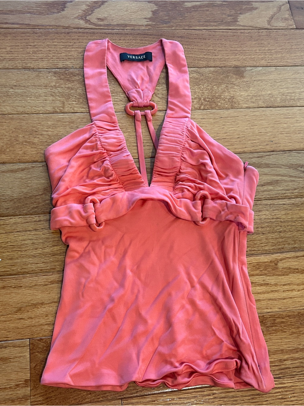 Versace Coral-Pink Halter top with Ring Detail